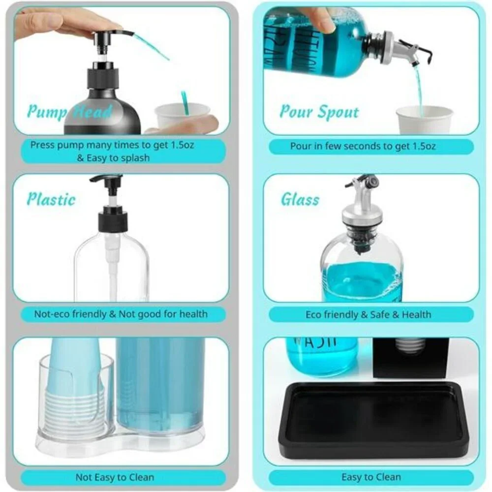 Glass Mouthwash Dispenser with Wood Tray Black Bathroom Countertop Organizer
